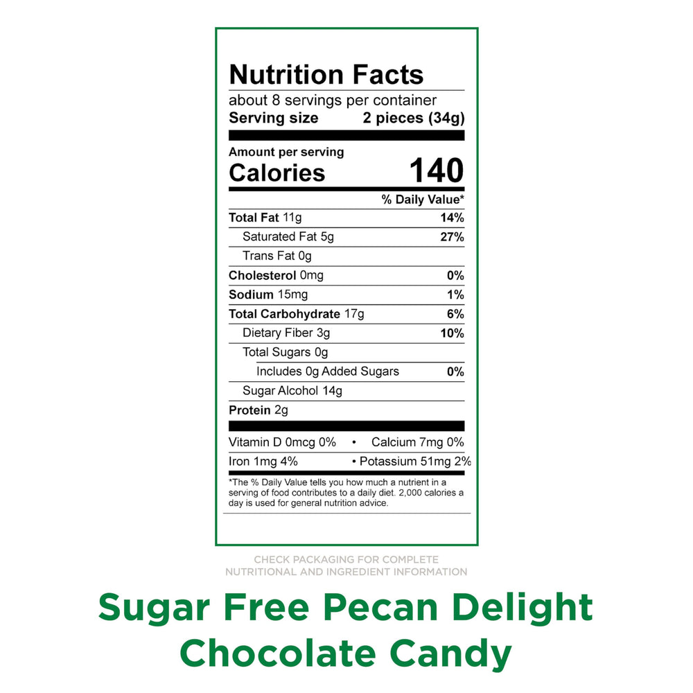 Russell Stover Sugar Free Pecan Delights pecan-crunch piece with caramel center appeals to snack lovers.