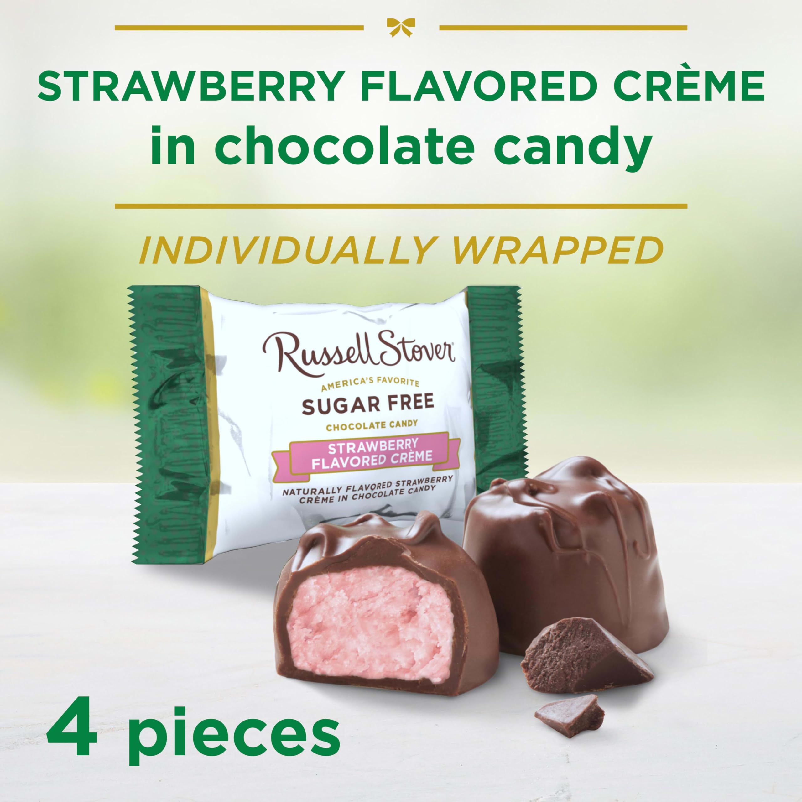 Russell Stover sugar-free strawberry creme chocolate shell around creamy center