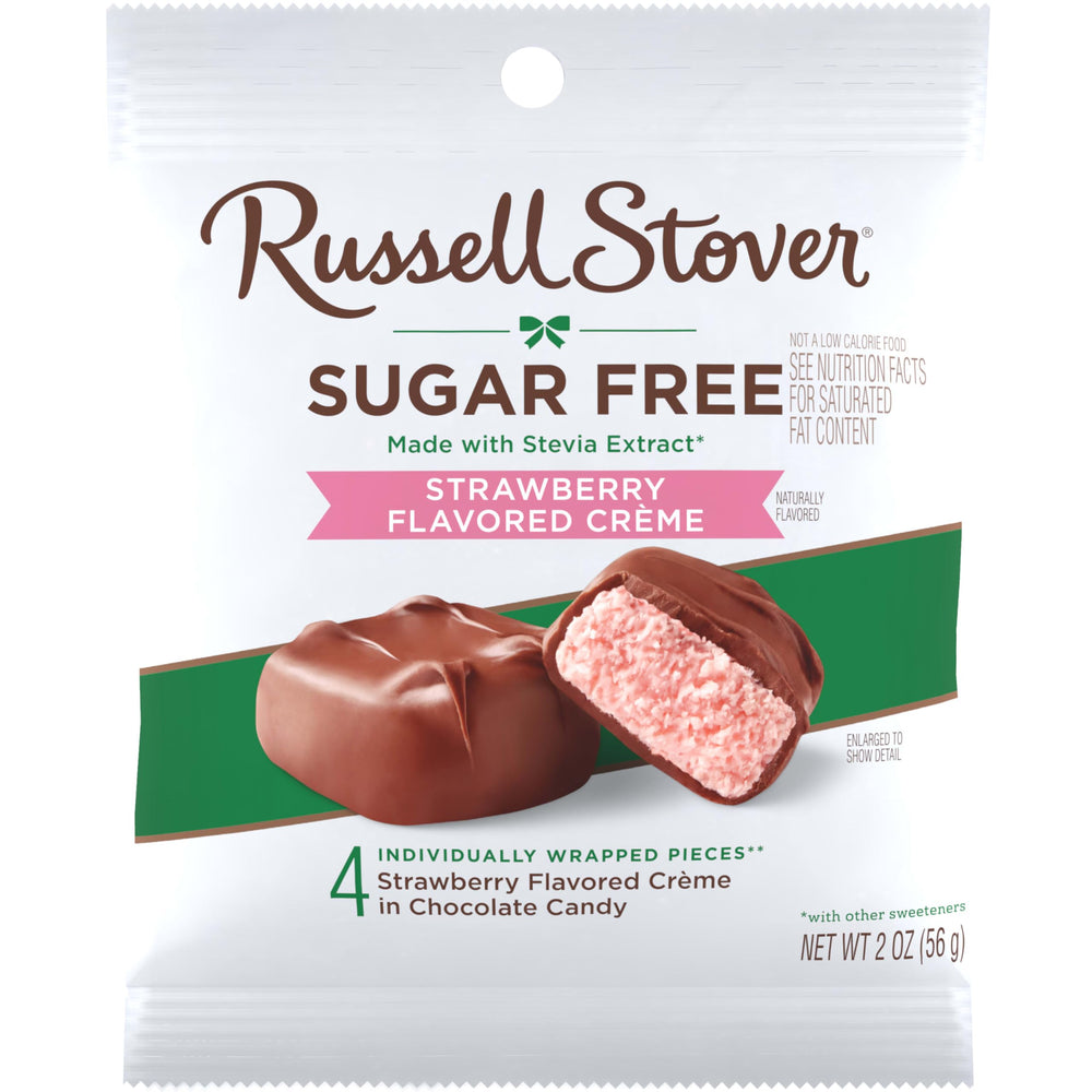 Russell Stover sugar-free strawberry creme new pack design on shelf