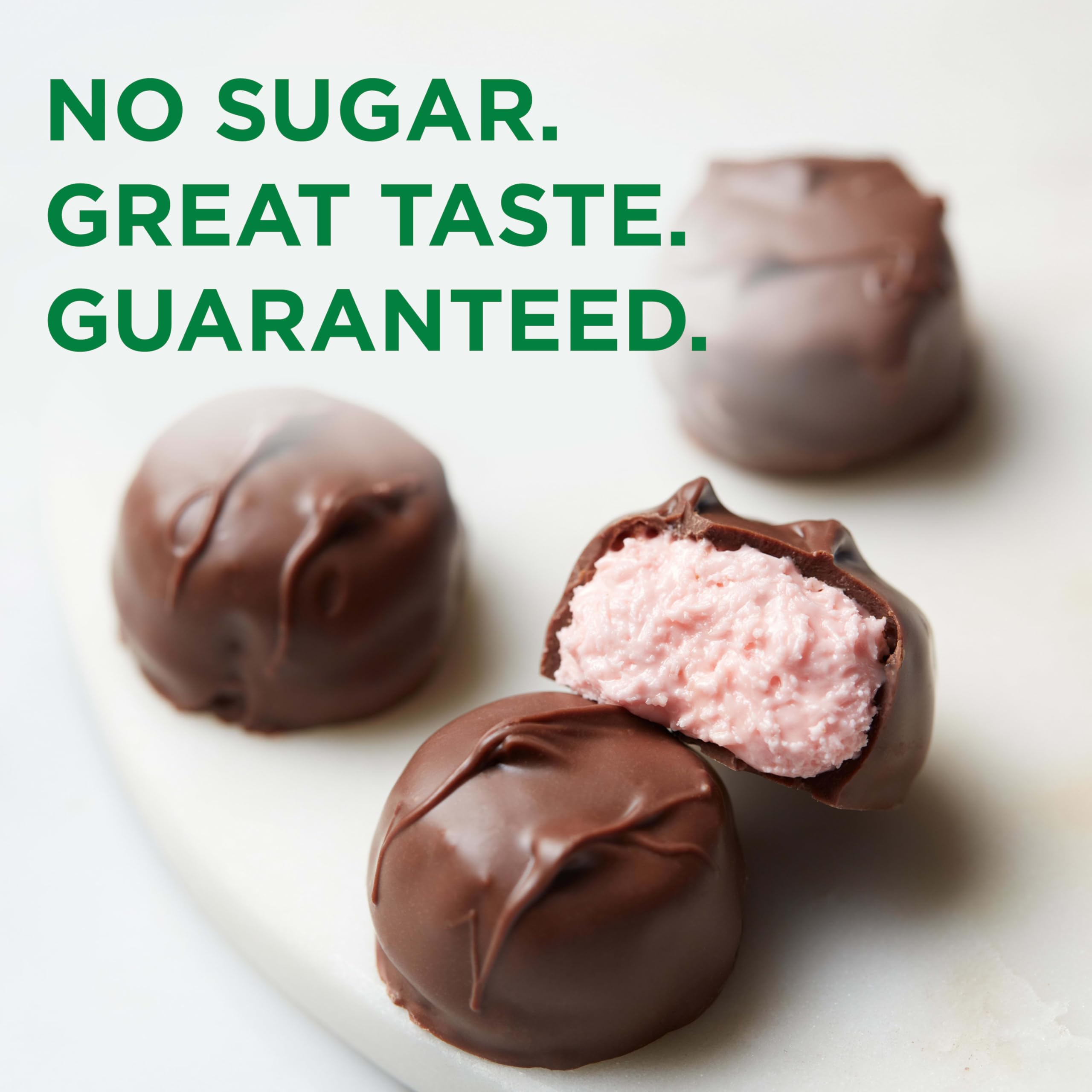 Russell Stover sugar-free strawberry creme piece close-up highlighting glossy chocolate
