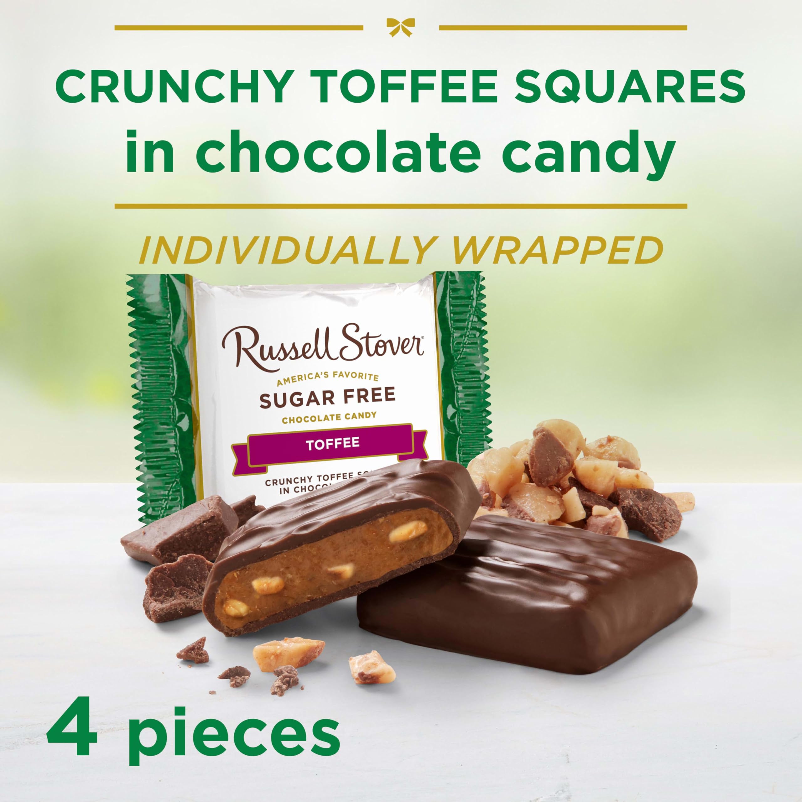 Sugar-free toffee crunch in chocolate, satisfying crunch with zero added sugar.