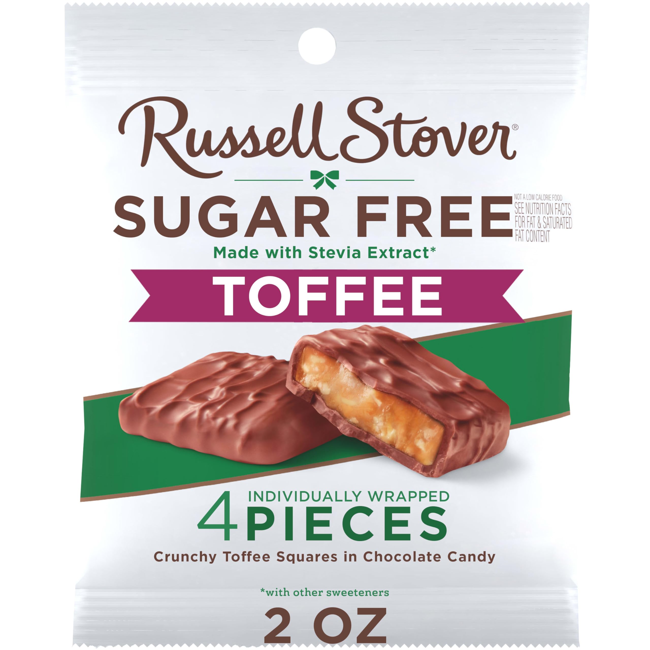 Russell Stover Sugar Free Toffee Squares in chocolate, bite-sized indulgence for sugar-conscious snacking.