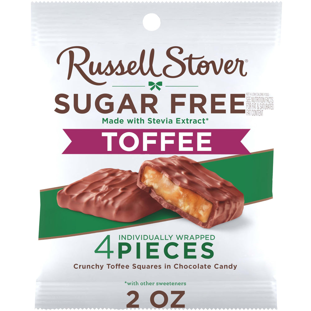 Russell Stover Sugar Free Toffee Squares in chocolate, bite-sized indulgence for sugar-conscious snacking.