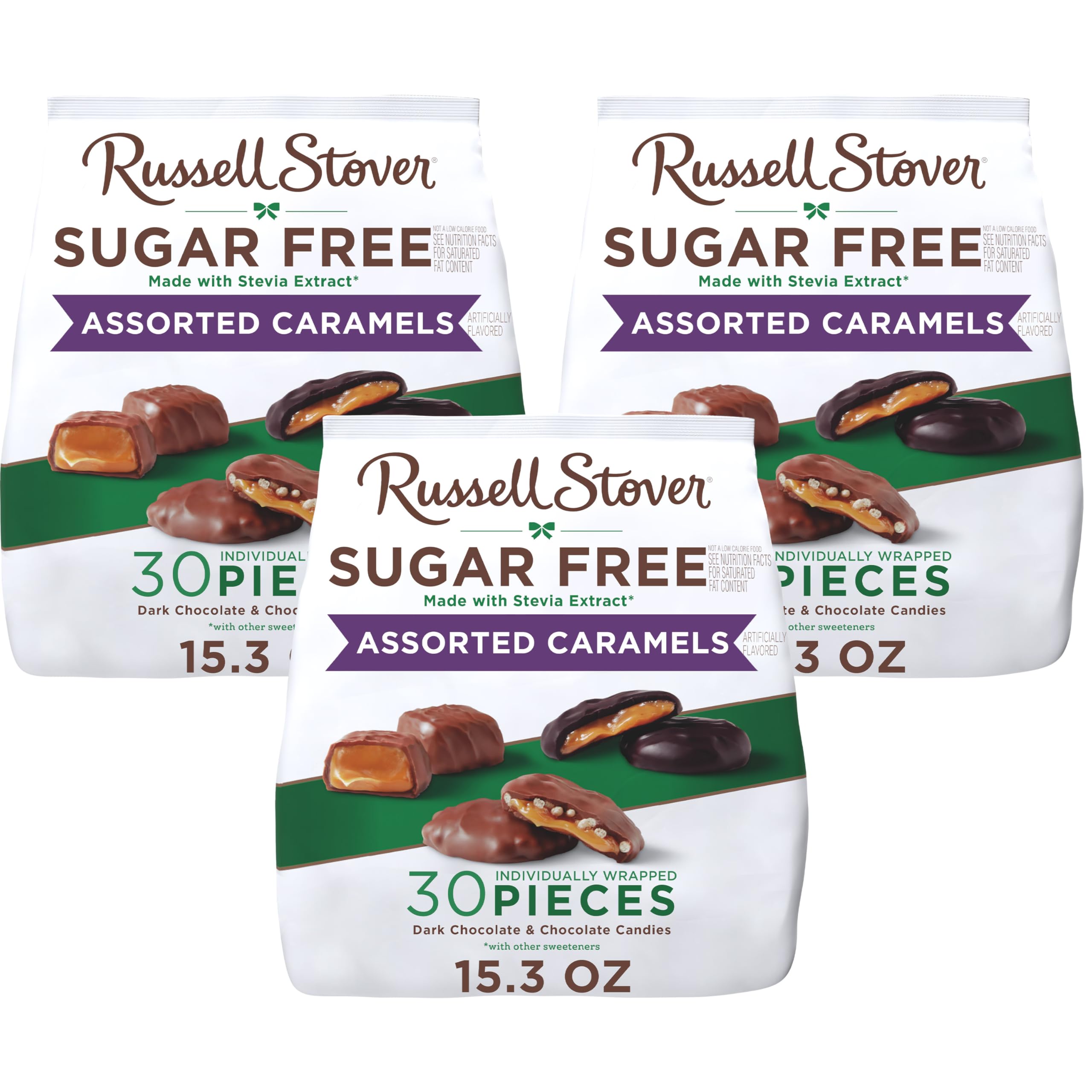 Russell Stover sugarfree assorted caramels bag for on-the-go indulgence