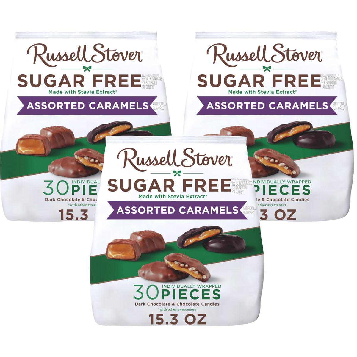 Russell Stover sugarfree assorted caramels bag for on-the-go indulgence