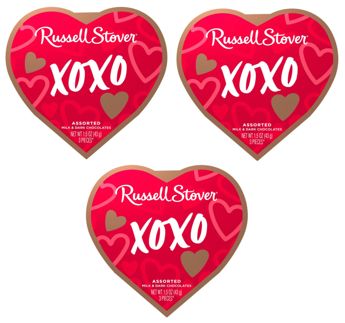 Russell Stover Valentines heart box three-box pack ready for gifting