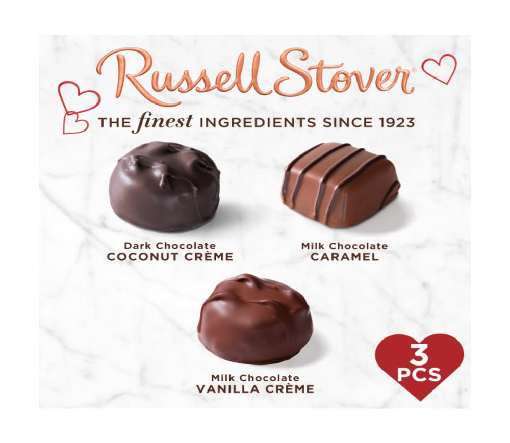 Russell Stover dark chocolate selection featured in a heart gift box
