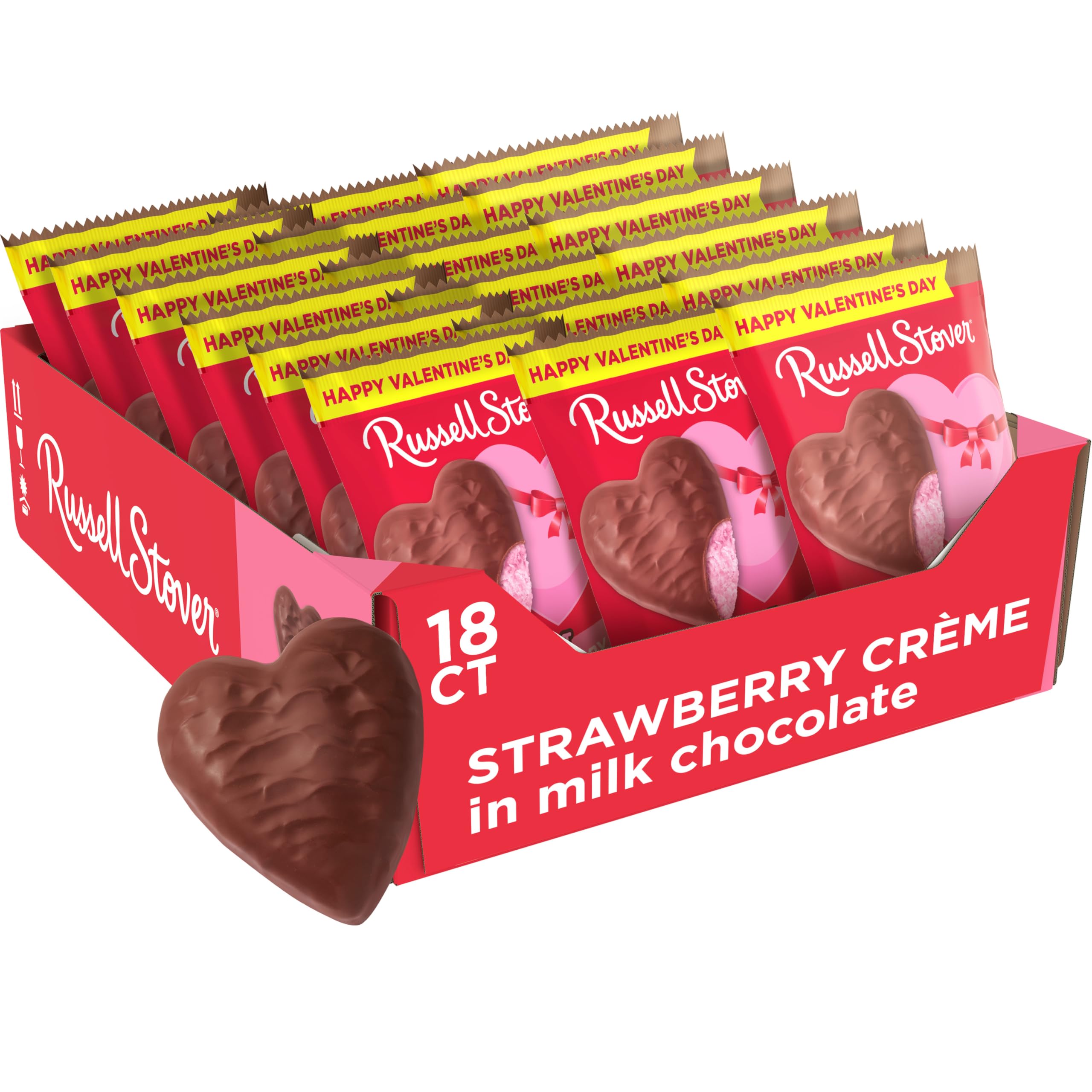 Russell Stover Valentine milk chocolate strawberry creme heart front view, ideal gift.