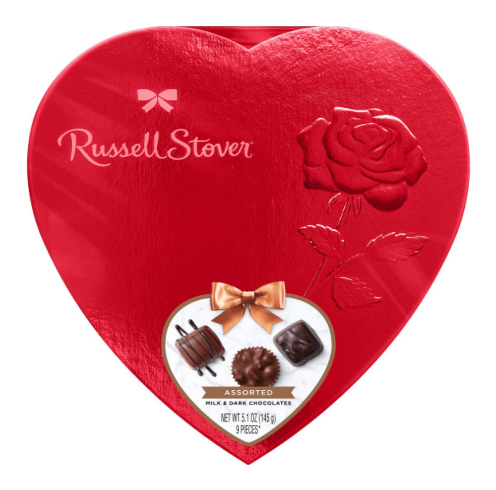 Russell Stover red foil heart box displaying a romantic Valentine’s gift idea