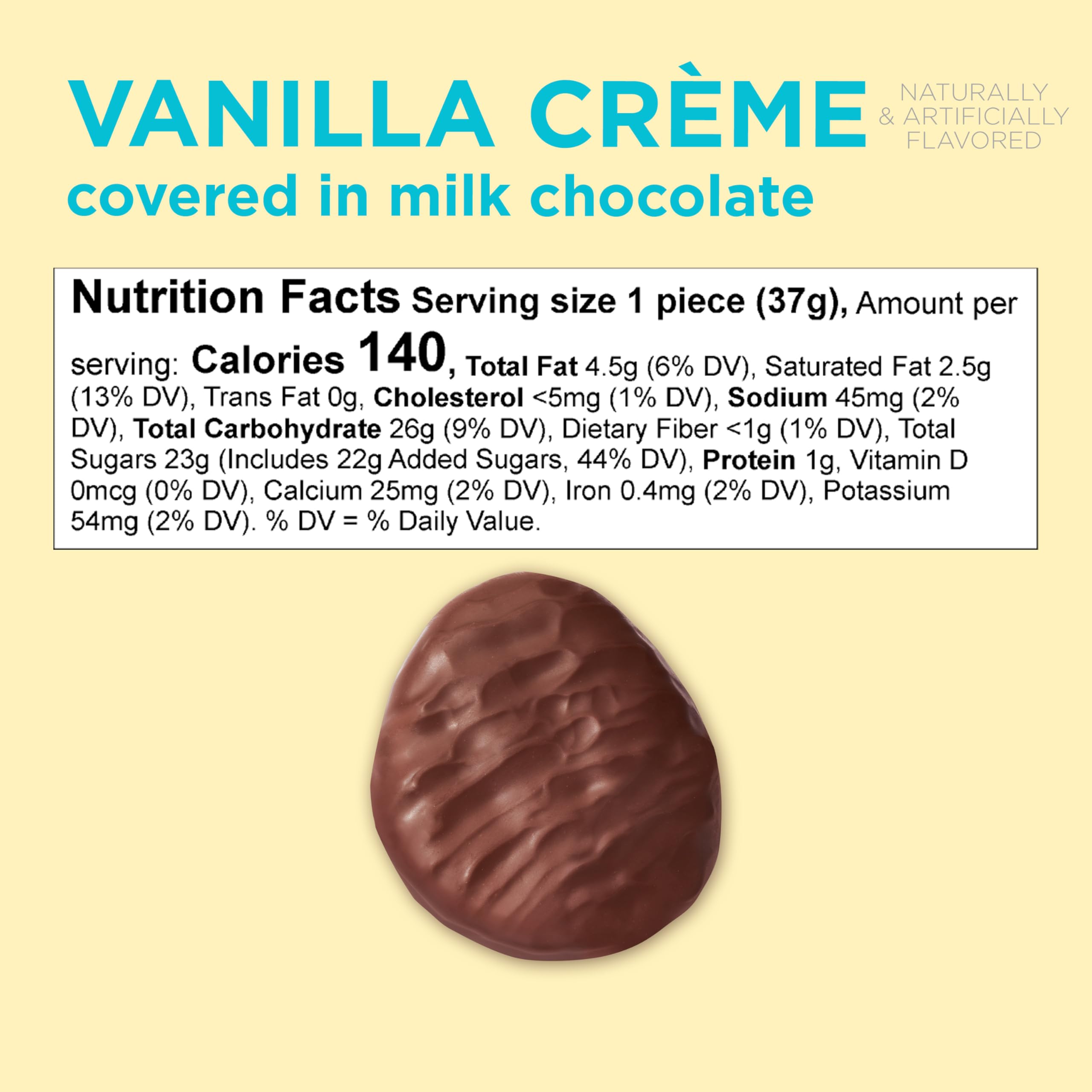 Closeup of Russell Stover Vanilla Creme center inside milk chocolate shell