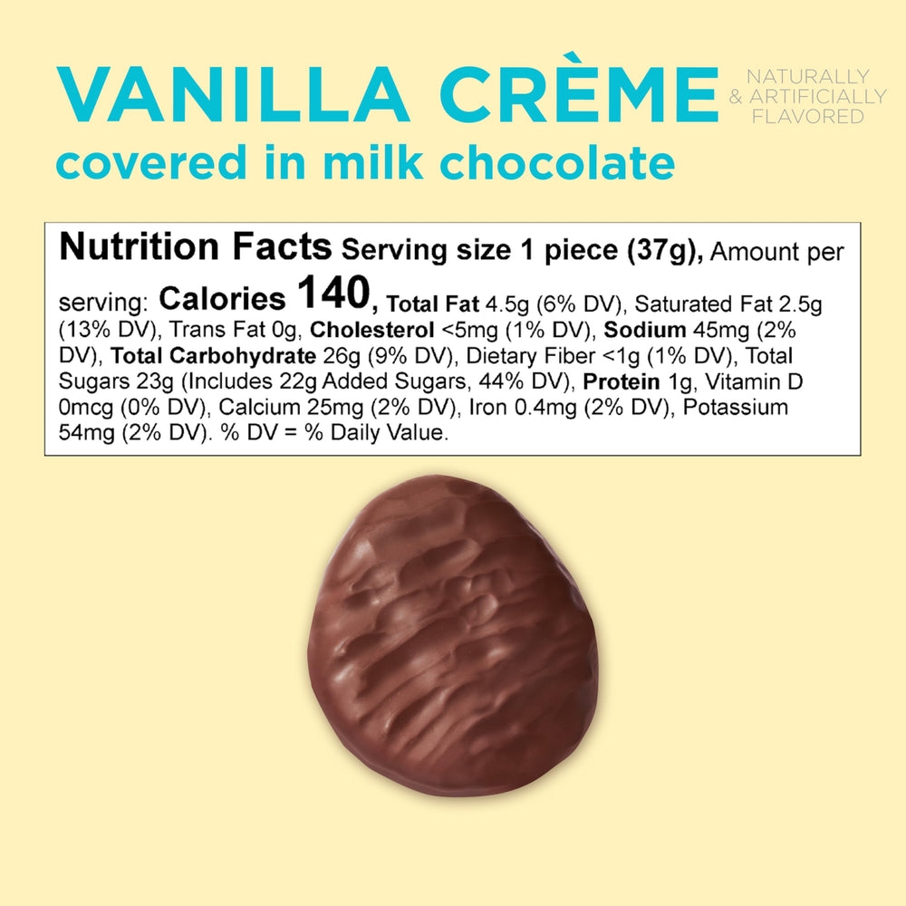 Closeup of Russell Stover Vanilla Creme center inside milk chocolate shell