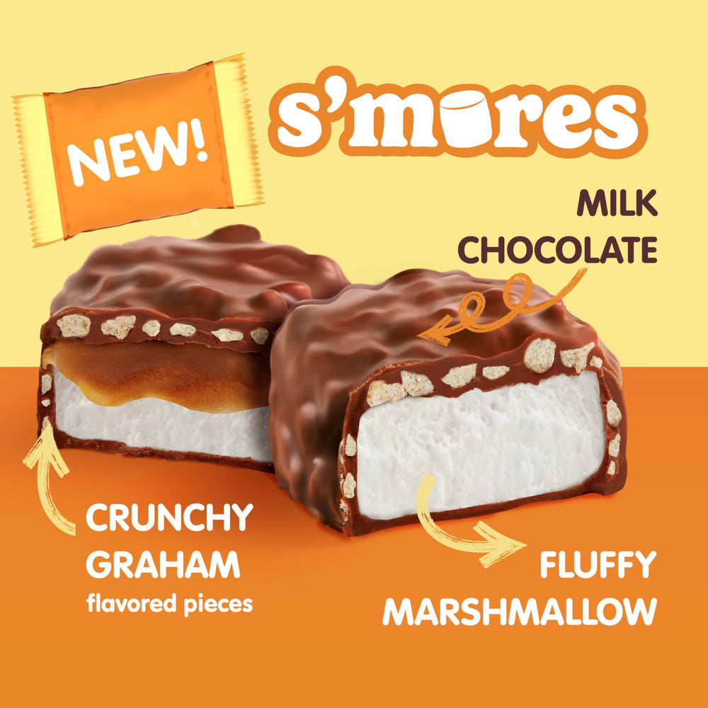 Whitman\'s S\'Mores milk chocolate coating surrounds caramel and marshmallow