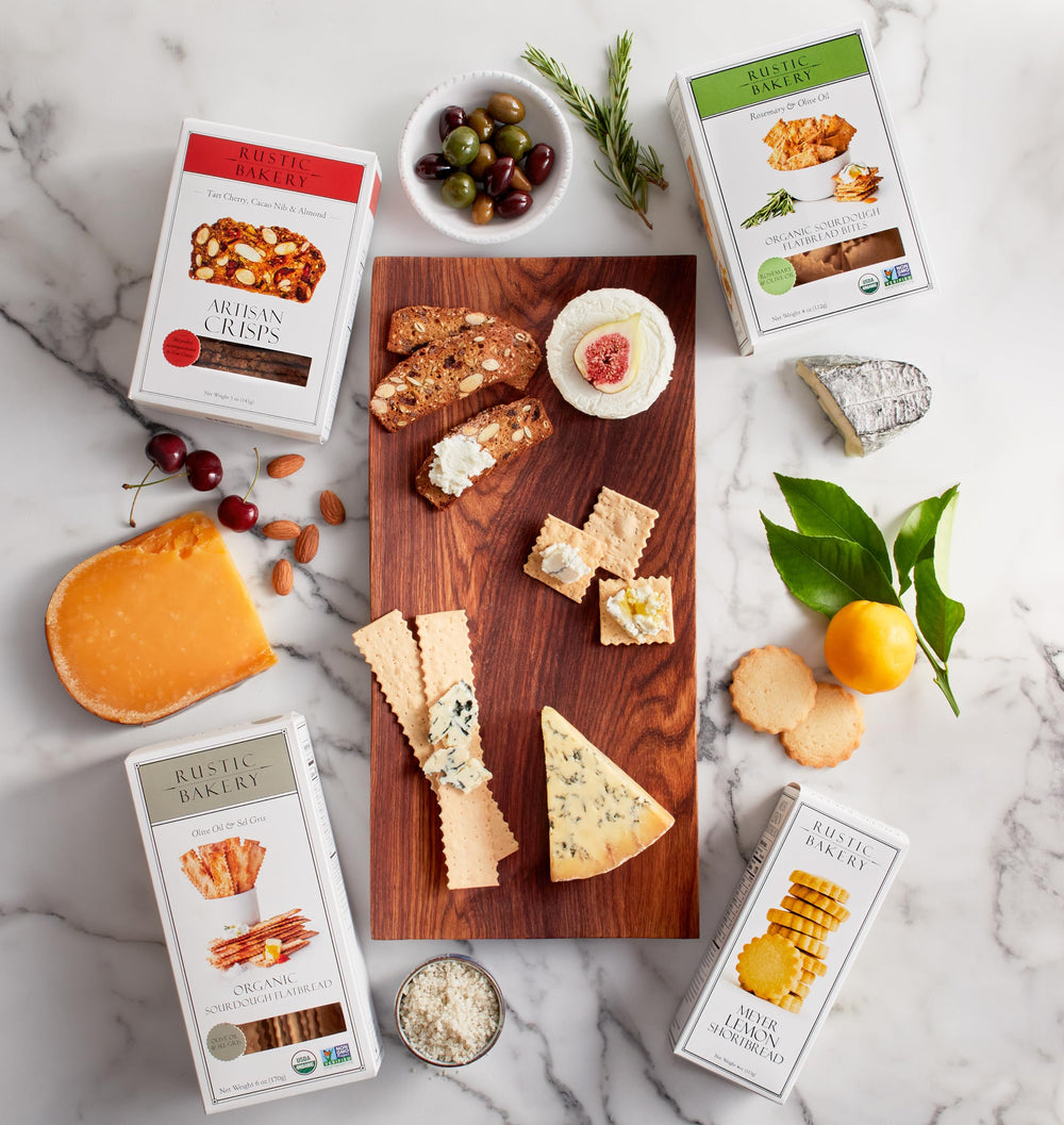 Rustic Bakery snacking plate with crispy crackers for quick bites