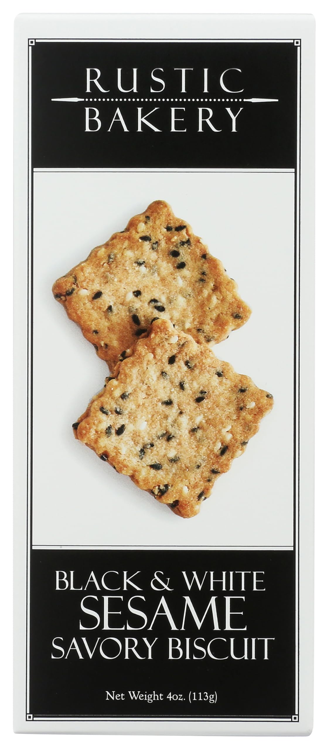 Rustic Bakery Black and White Sesame Biscuits 4oz on a rustic plate, crisp savory snack.