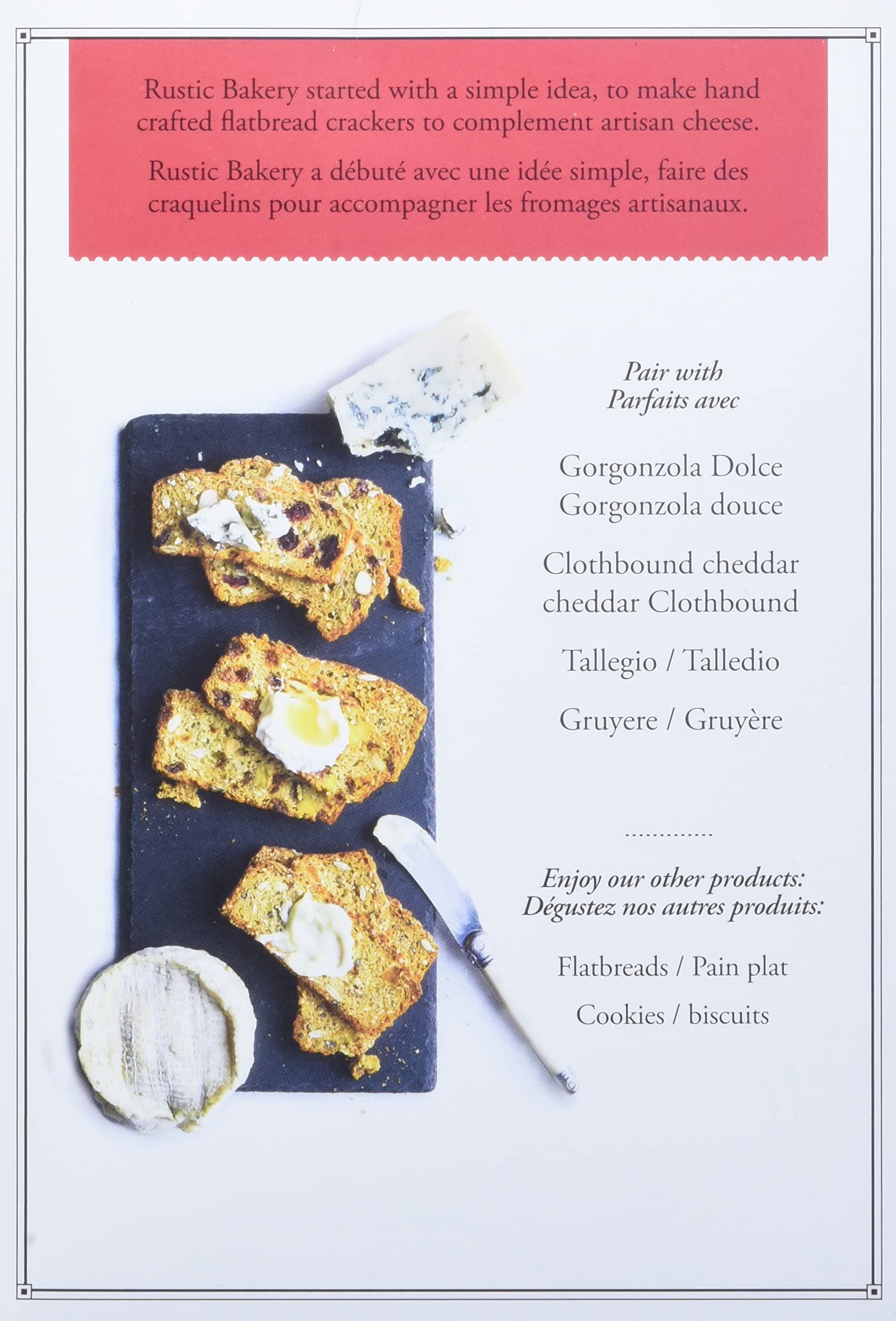 Rustic Bakery tart cherry cacao nib almond crisps crackers stack indicates versatility.