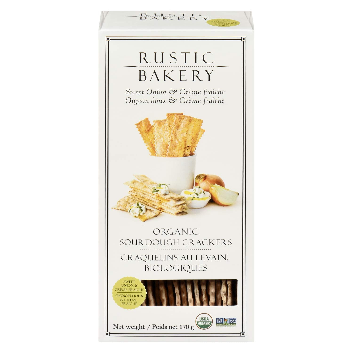 Rustic Bakery Onion Creme French crackers in a pack, perfect for cheese boards.