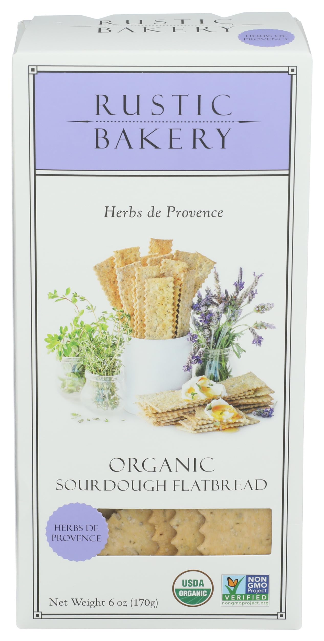 Rustic Bakery Herbs de Provence Organic flatbread packshot highlights premium ingredients for versatile meals.