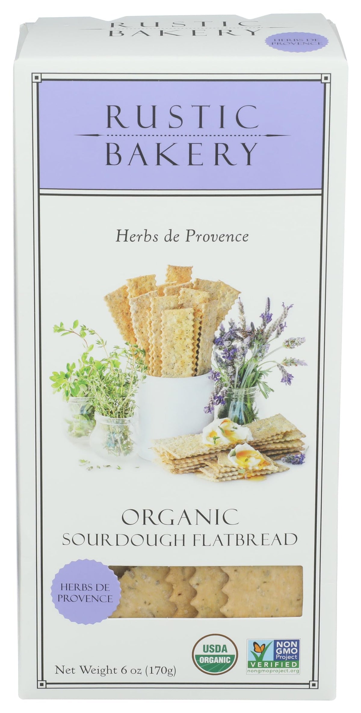 Rustic Bakery Herbs de Provence Organic flatbread packshot highlights premium ingredients for versatile meals.