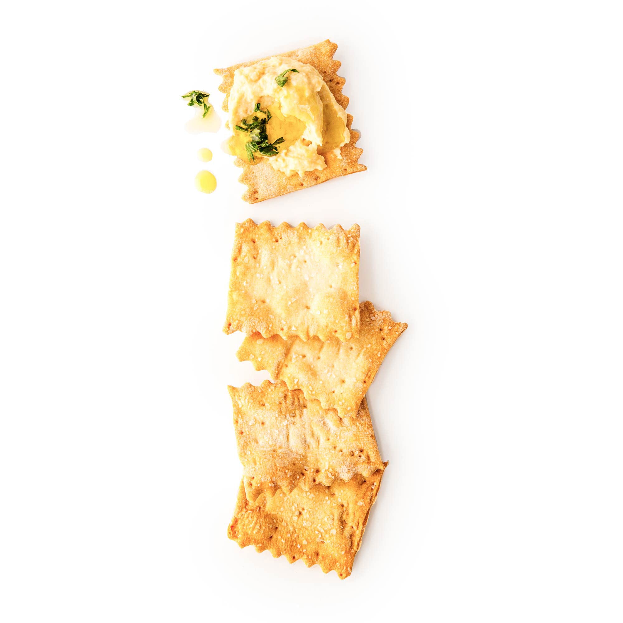 Organic ingredients visible in flour and olive oil used for the crackers.