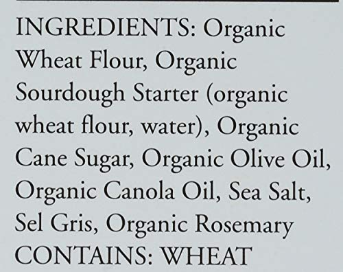Rustic Bakery flatbread ingredients label highlights organic rosemary and olive oil