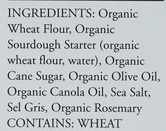 Rustic Bakery flatbread ingredients label highlights organic rosemary and olive oil