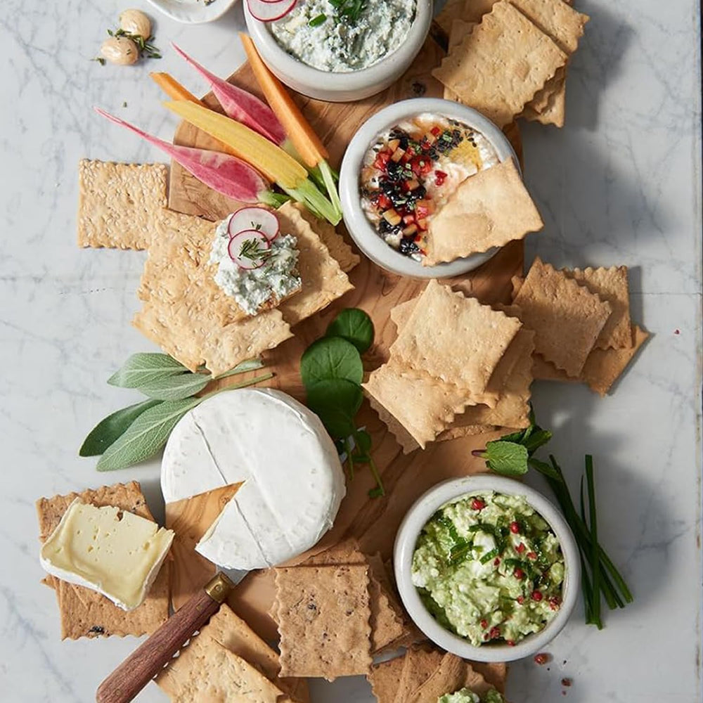 Sea salt and sel gris accents enhance flavor on artisan crackers.