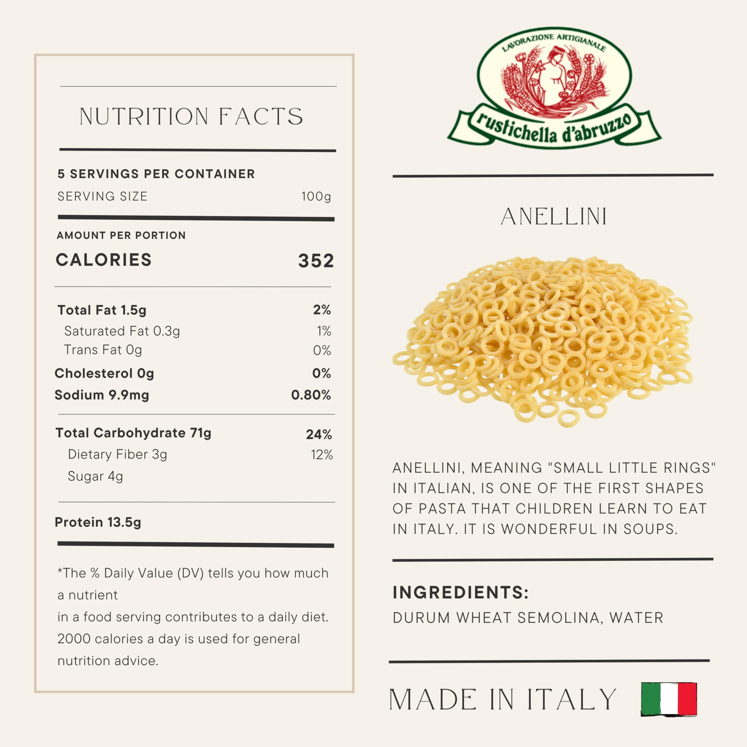 Rustichella Anellini close-up rings highlighting tiny bite-sized pasta for soups.