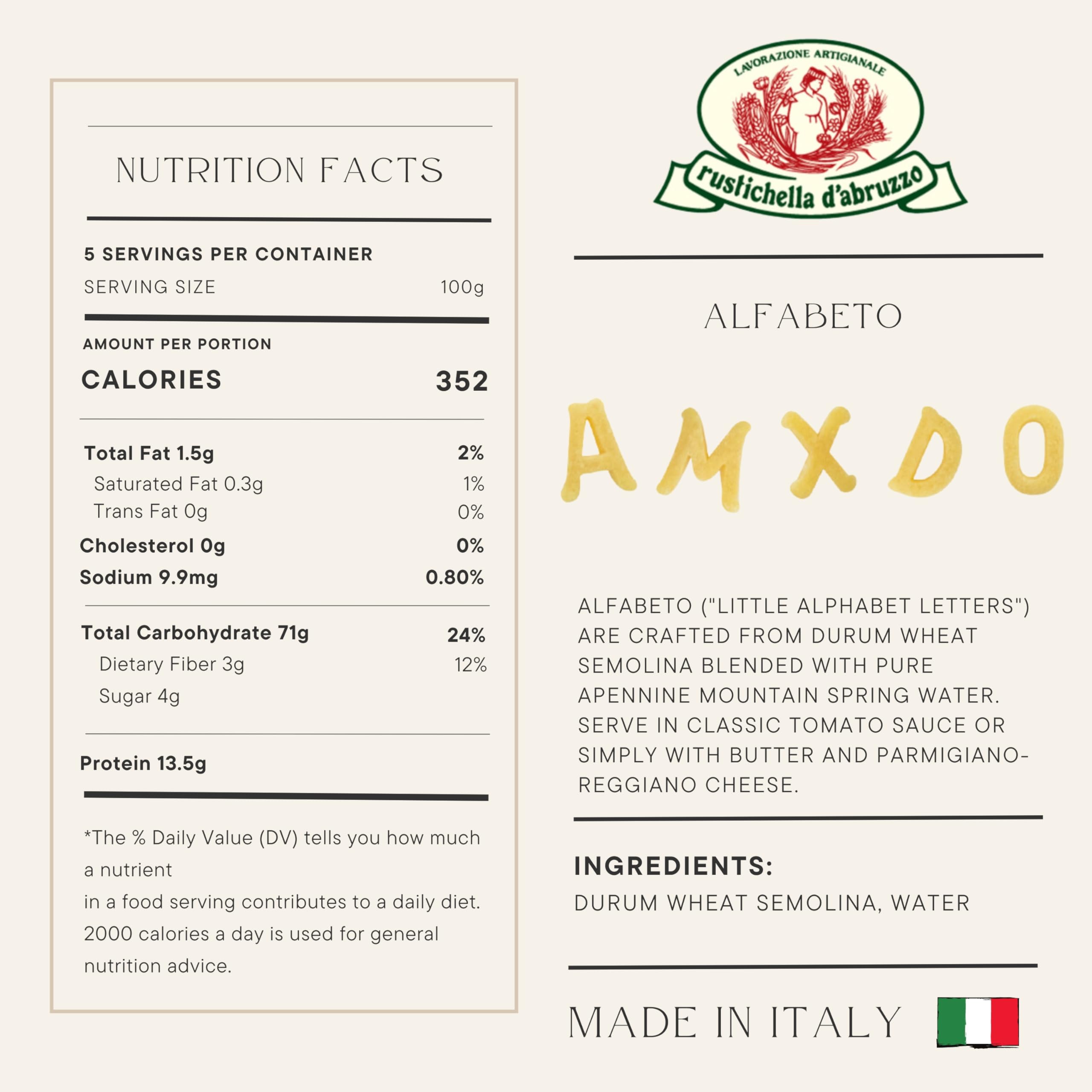 Rustichella d'Abruzzo Alfabeto pasta with a 7 minute cook time.
