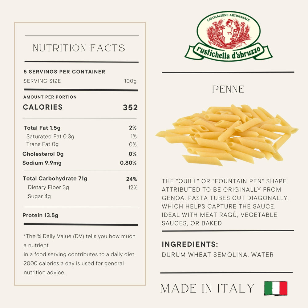 Rustichella d'Abruzzo penne quill shape highlights sauce capture for flavorful bites.