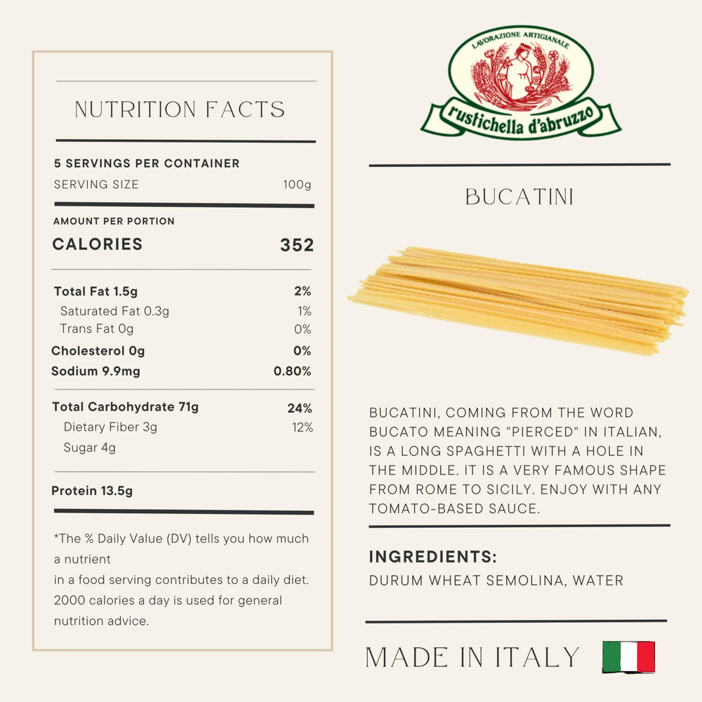 Rustichella d'Abruzzo bucatini raw durum-wheat texture suggests authentic bite.