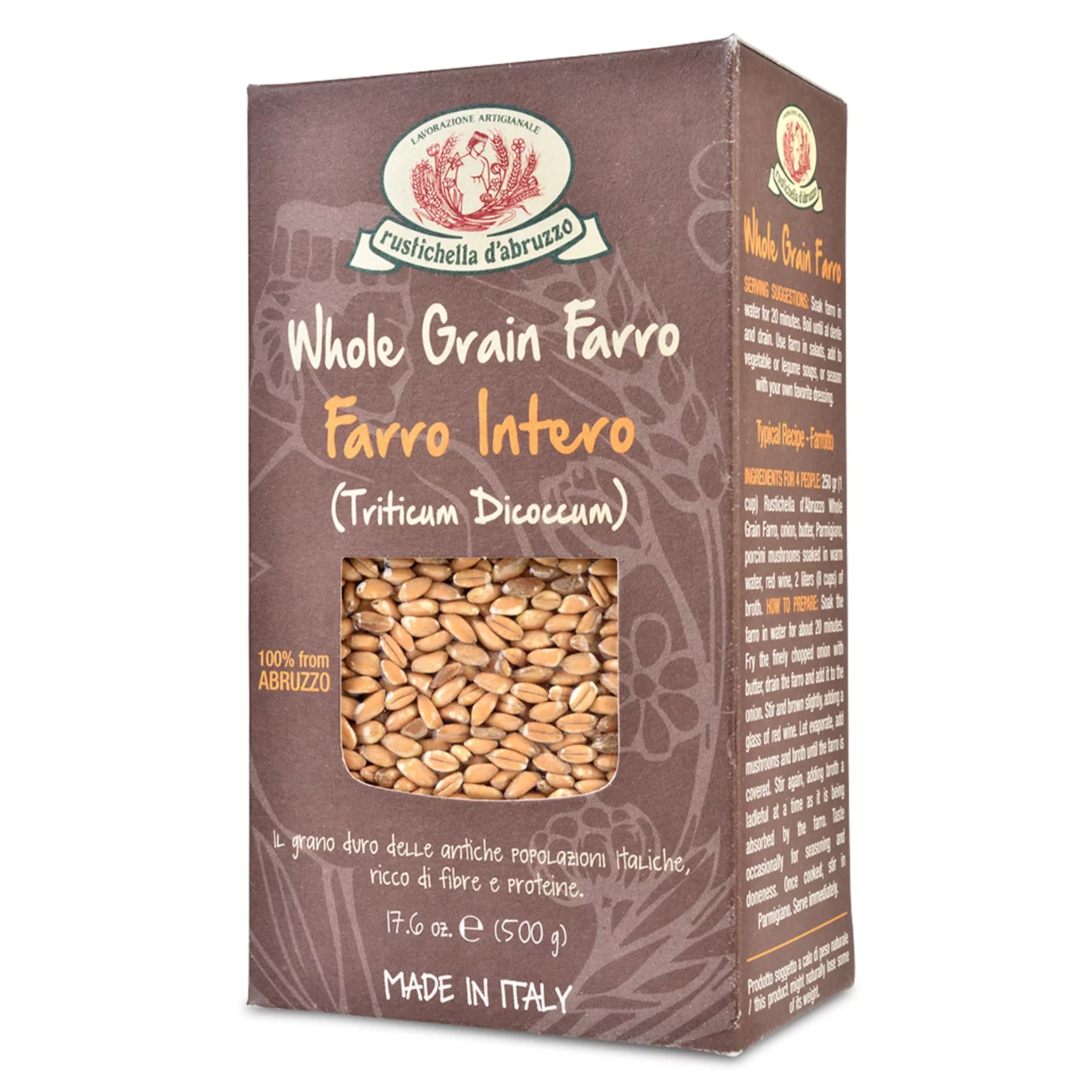 Rustichella d'Abruzzo farro semi-pearled in bag; easy to cook with a hearty bite.