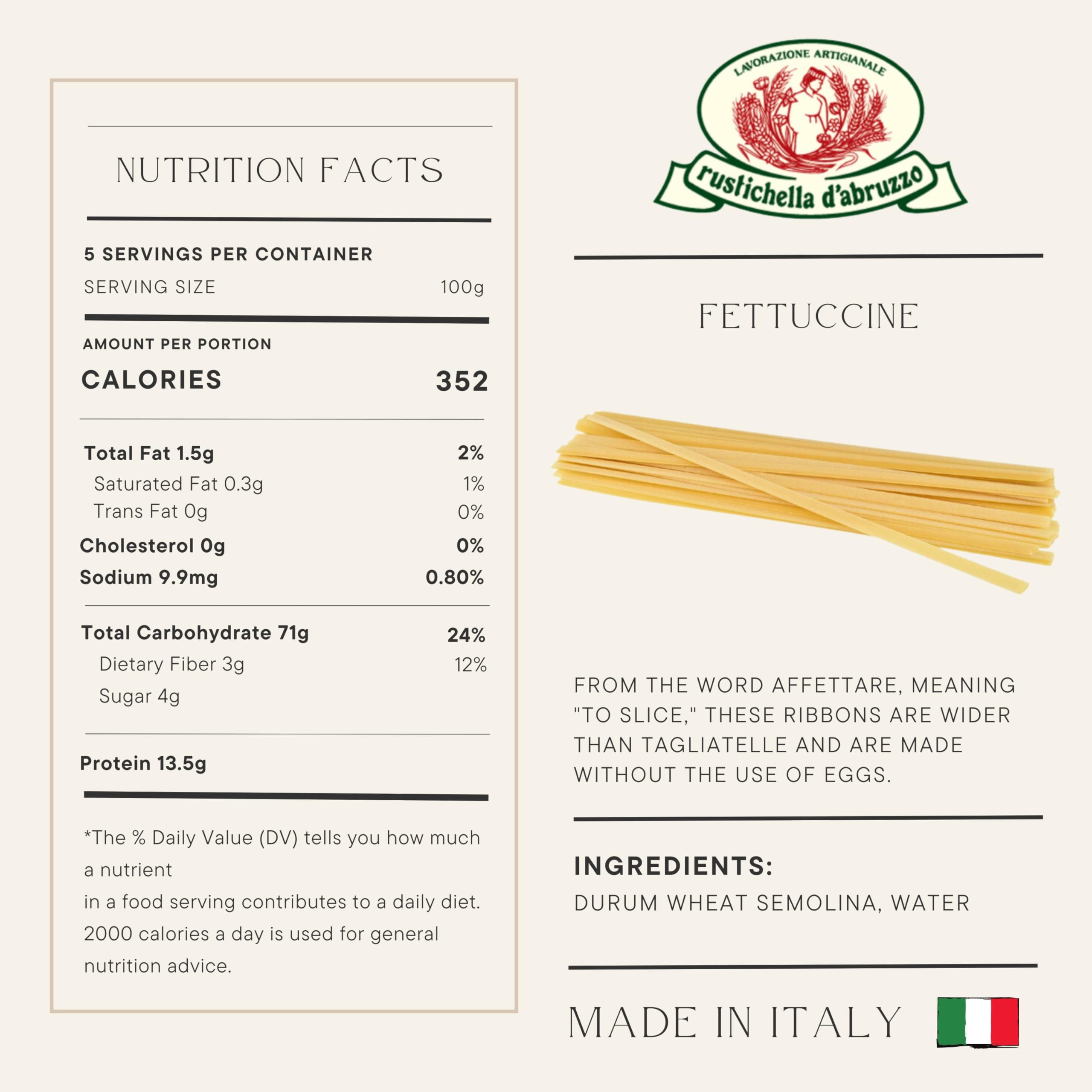Rustichella d'Abruzzo fettuccine uncooked wide ribbons close up ready for sauces.