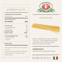 Rustichella d'Abruzzo fettuccine uncooked wide ribbons close up ready for sauces.