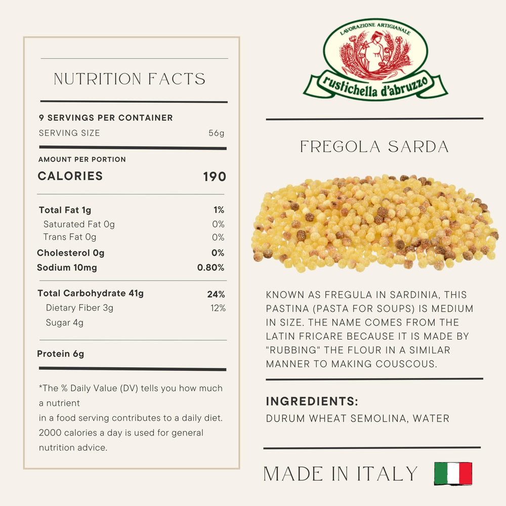 Rustichella d'Abruzzo Fregola Sarda color close-up; saffron tint enhances visual appeal.