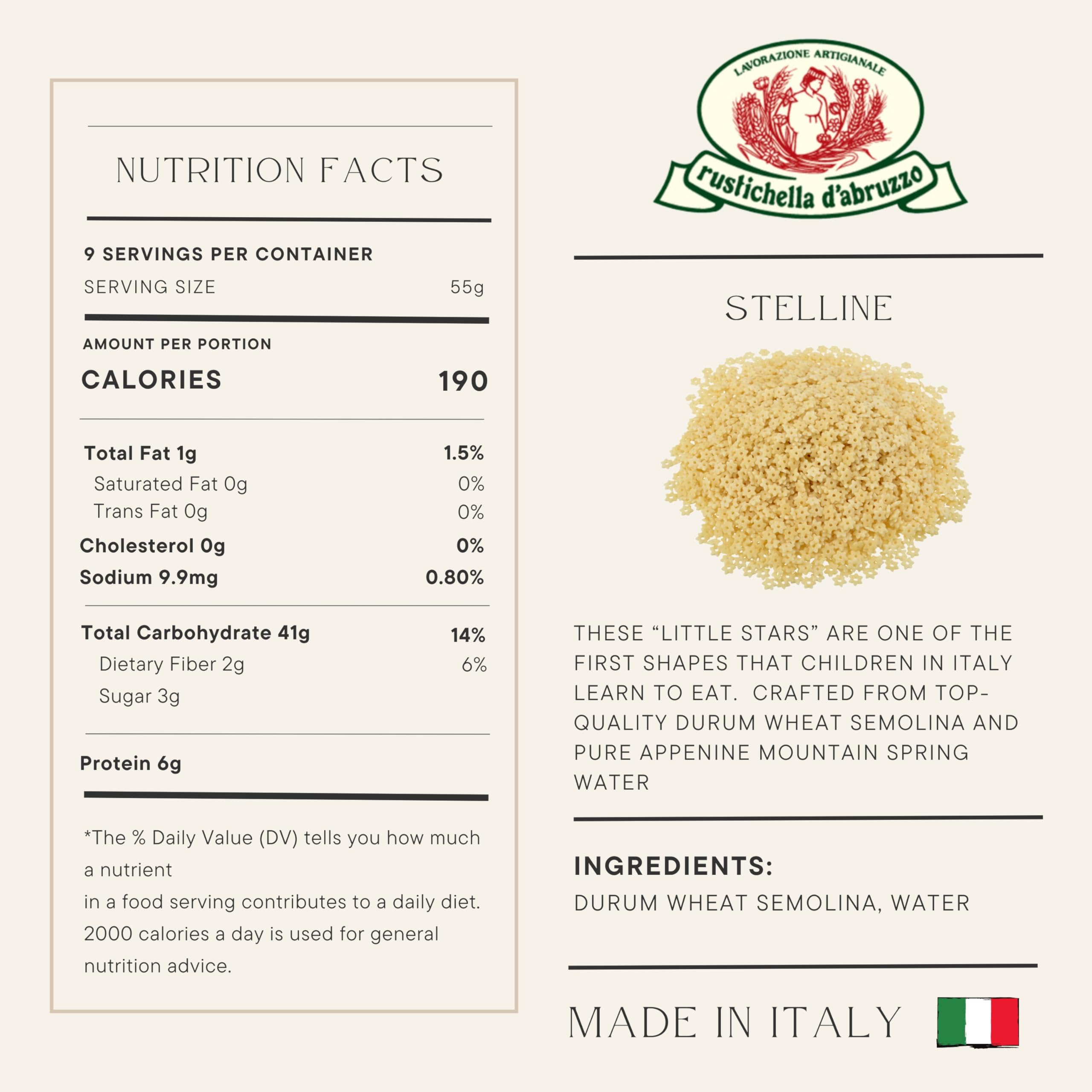 Stelline star-shaped pastina in a 500g pack, ideal for soups.