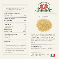 Stelline star-shaped pastina in a 500g pack, ideal for soups.