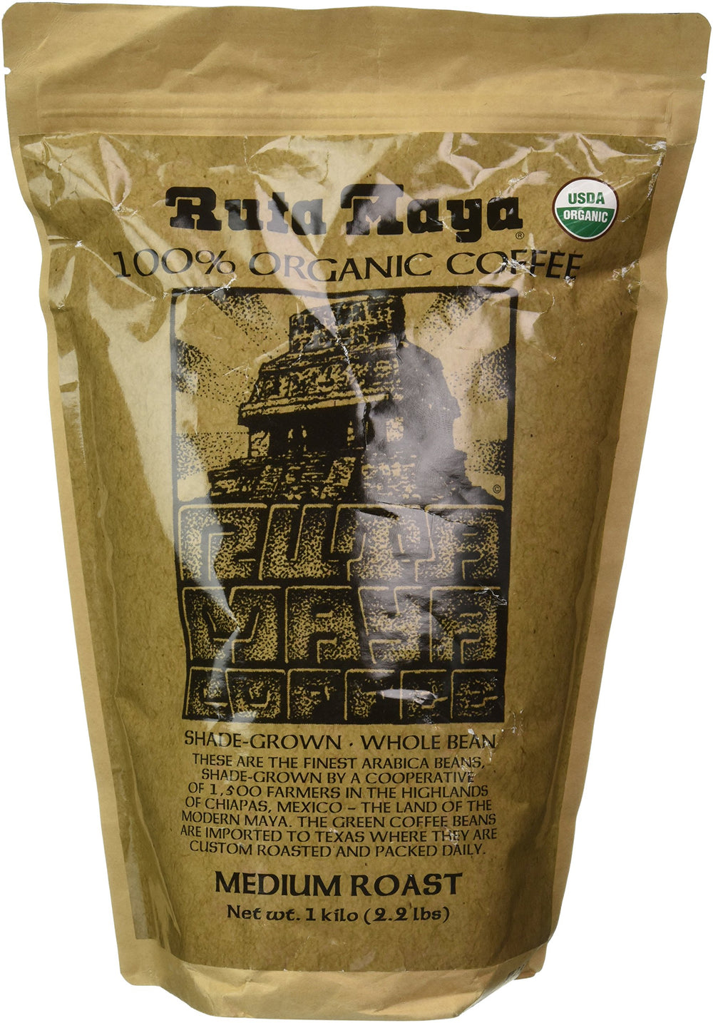 Ruta Maya Coffee Medium Roast packfront shows resealable bag for freshness.