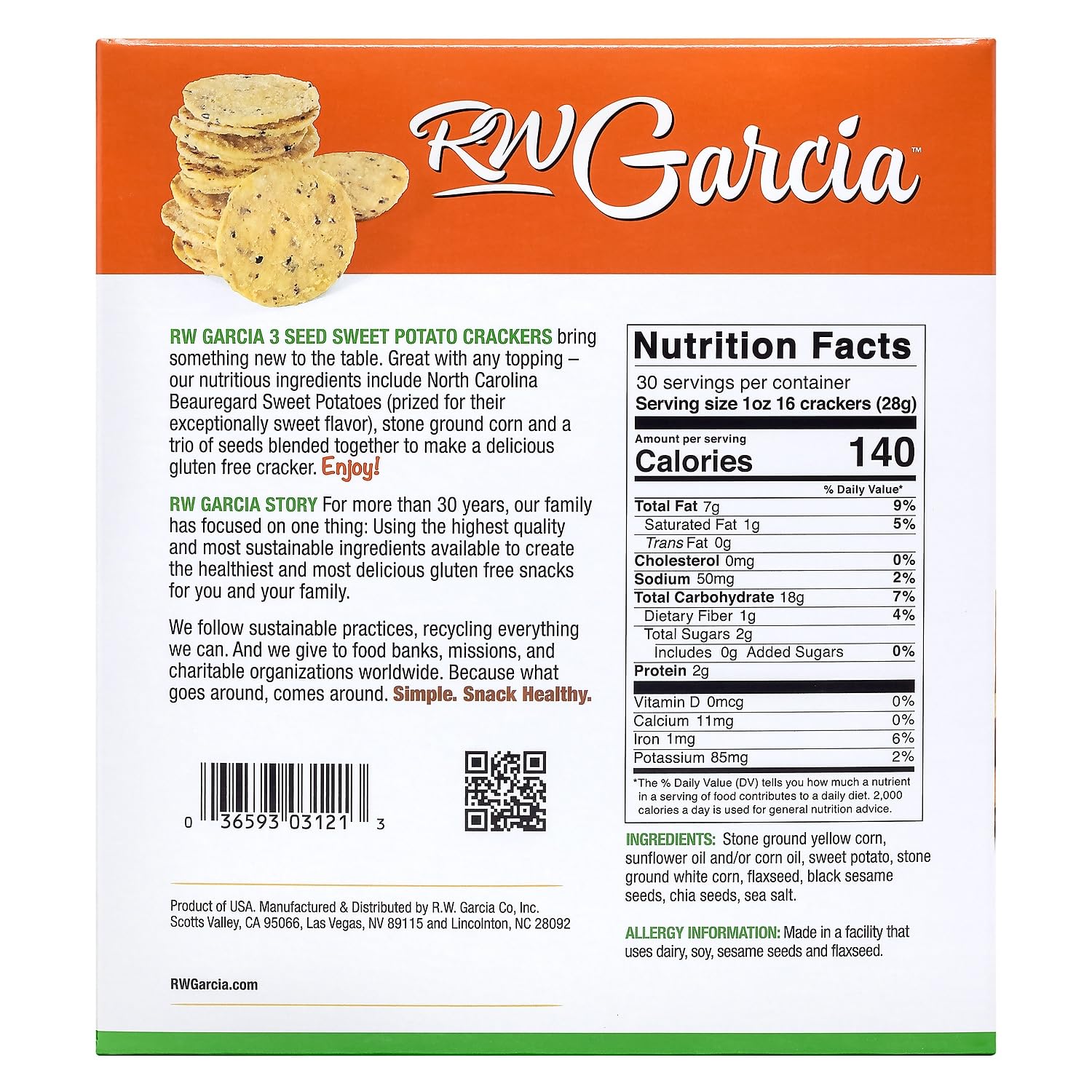 RW Garcia Sweet Potato 3 Seeds Crackers close-up showing chia and flaxseed texture