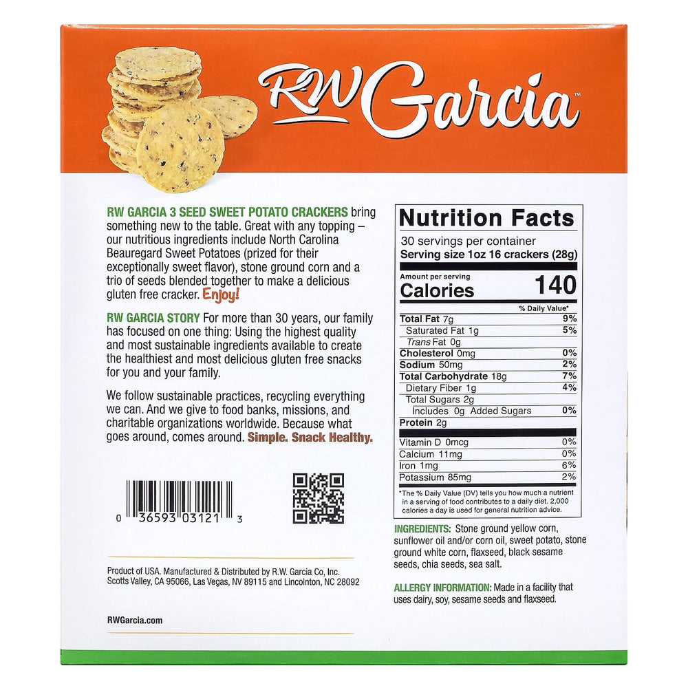 RW Garcia Sweet Potato 3 Seeds Crackers close-up showing chia and flaxseed texture