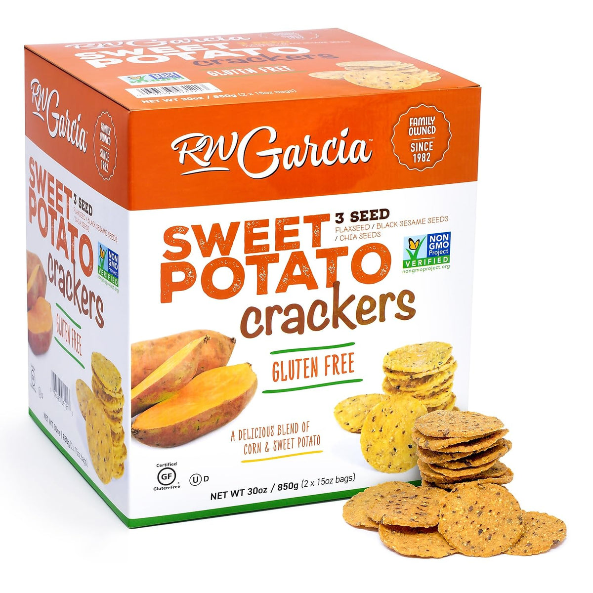 RW Garcia Sweet Potato 3 Seeds Crackers packaging with two 15 oz bags for pantry snacking