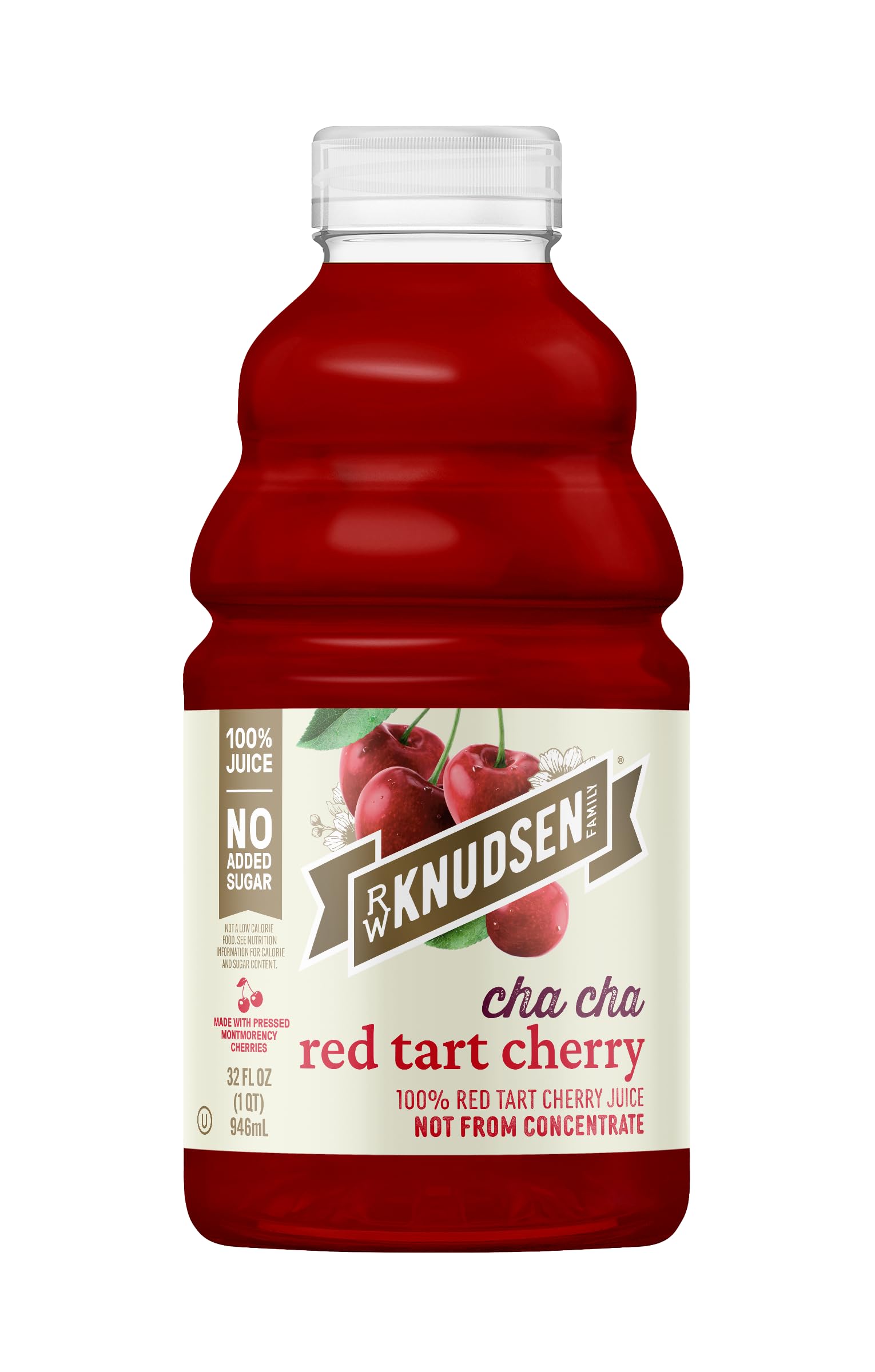 R.W. Knudsen Cha Cha Red Tart Cherry bottle pour, organic flavor ideal for cocktails.