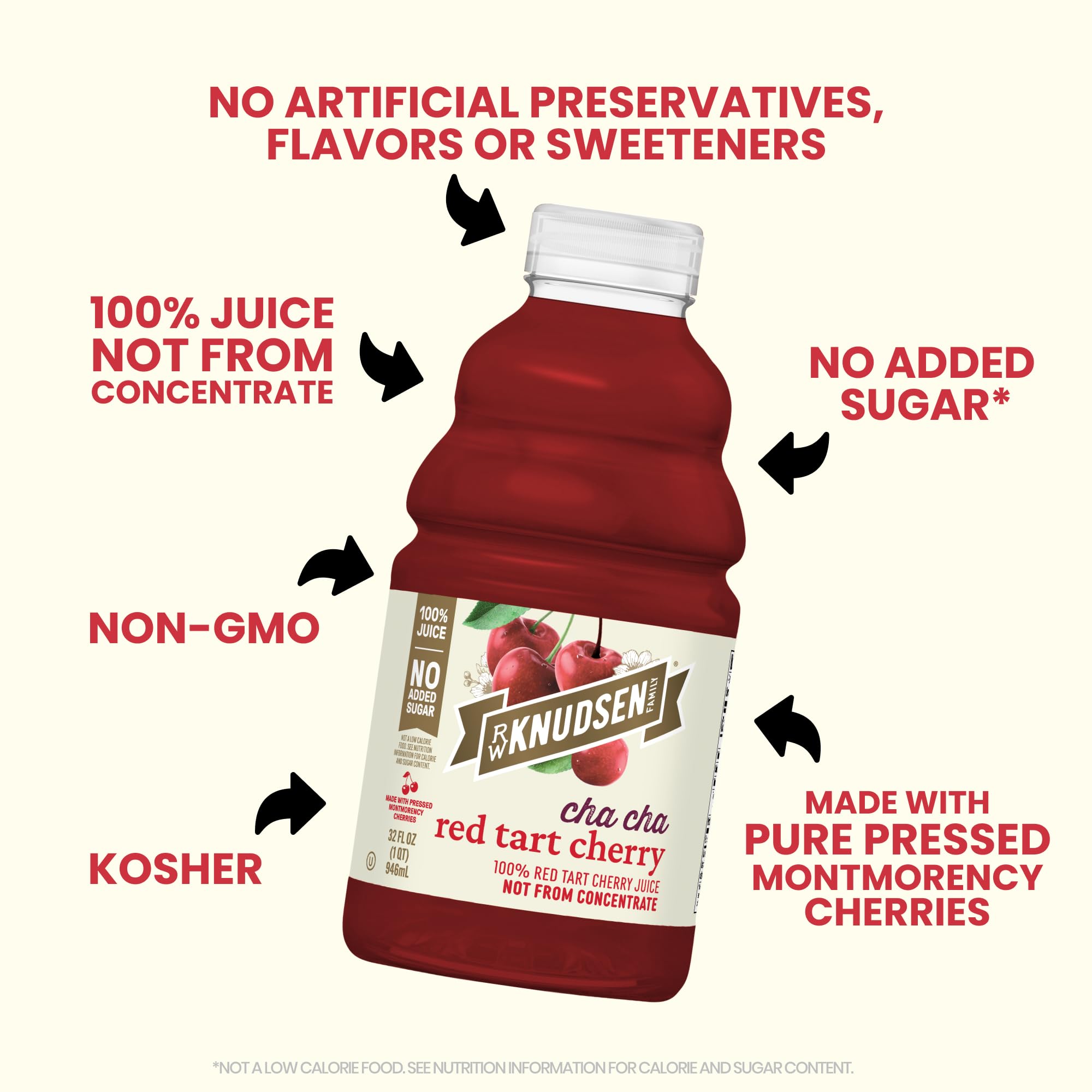 R.W. Knudsen Cha Cha Red Tart Cherry glass serving, suggests enjoying on its own or with mixers.
