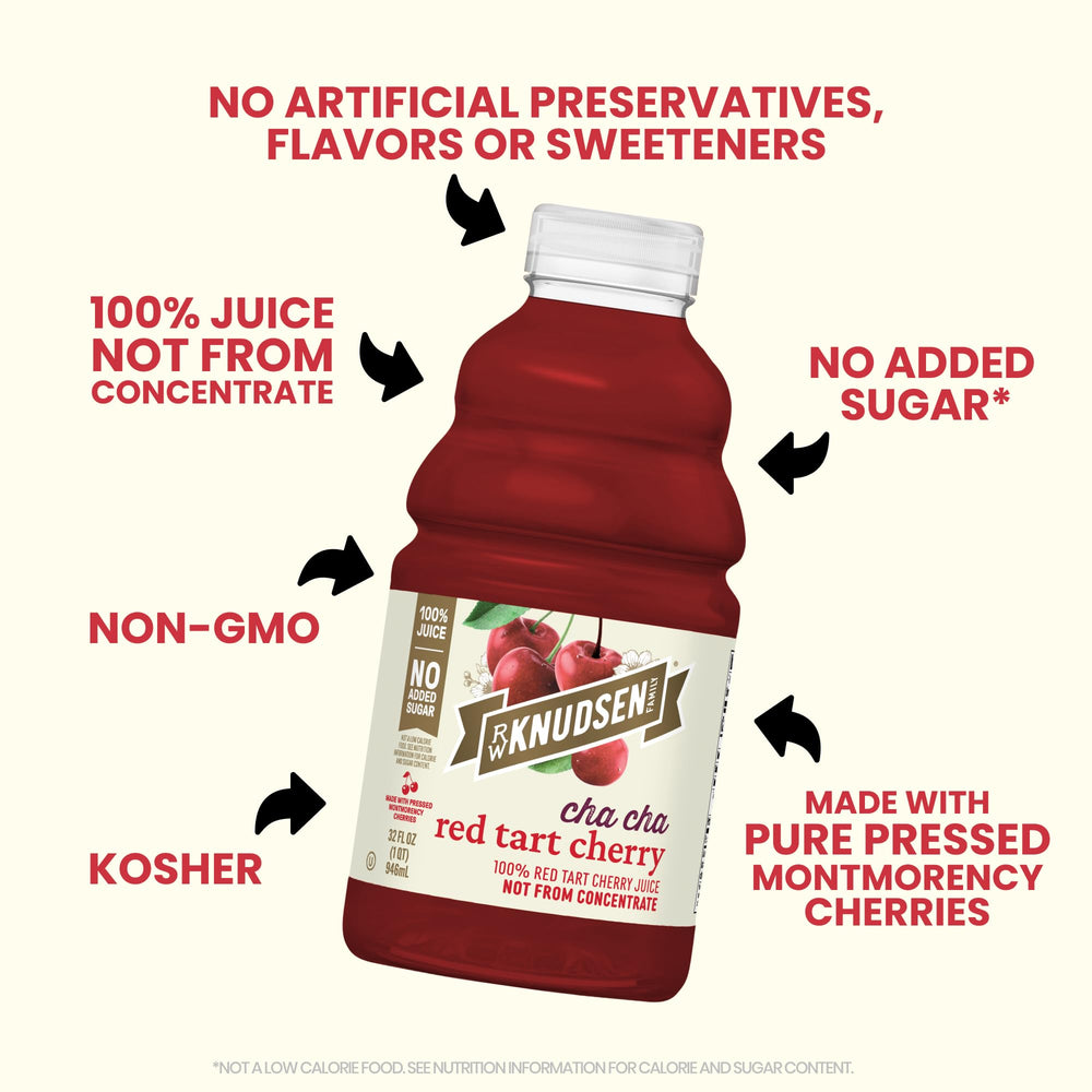 R.W. Knudsen Cha Cha Red Tart Cherry glass serving, suggests enjoying on its own or with mixers.