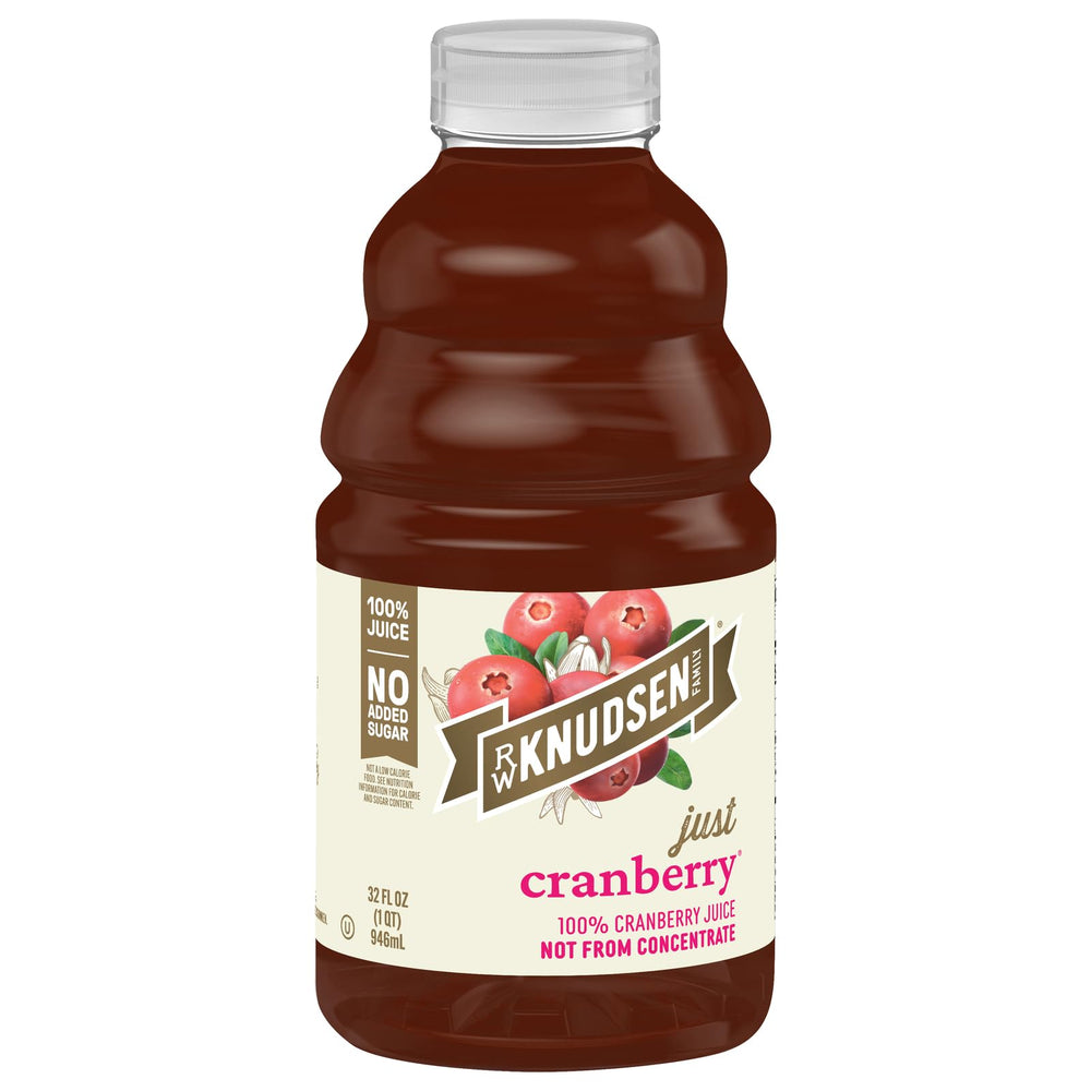 R.W. Knudsen Cranberry Juice not from concentrate bottle front, 32 oz, ready for daily drinks.