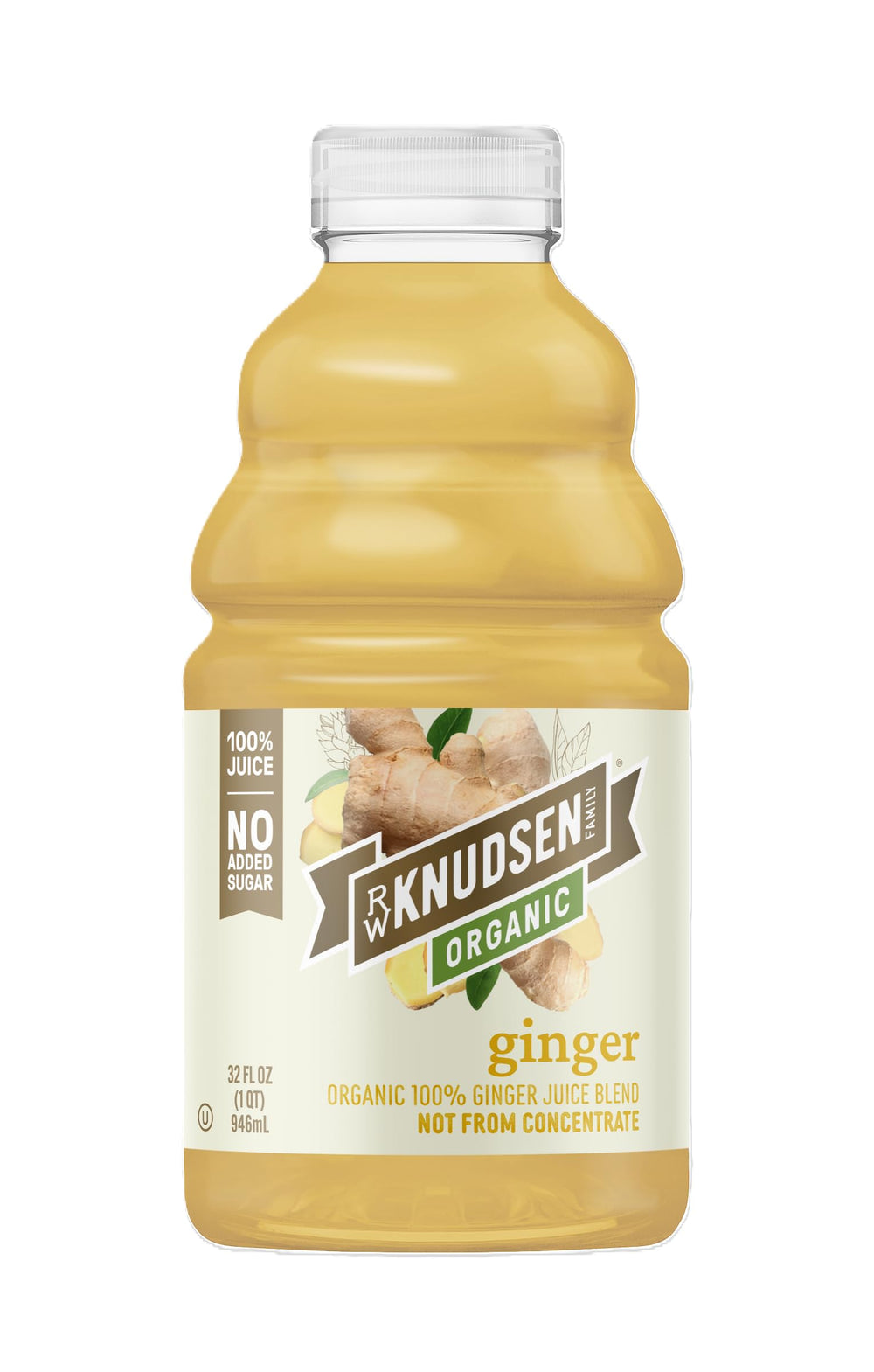 RW Knudsen Organic Ginger Juice bottle highlighting organic, 100% juice and no added sugar