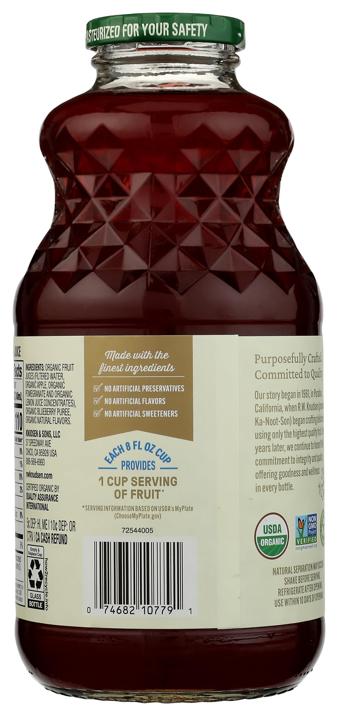 Glass of R.W. Knudsen juice ready for breakfast or smoothie pairing.