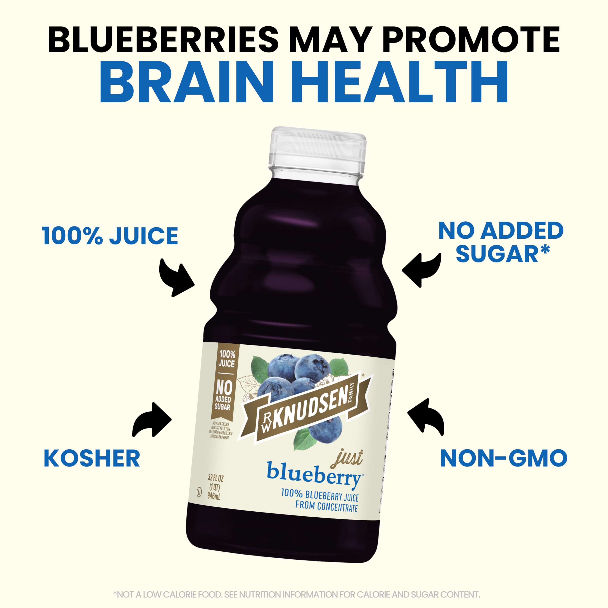R.W. Knudsen Just Blueberry Juice bottle on ice enhances daily drinks