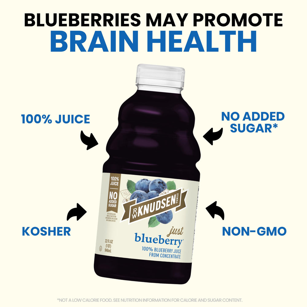 R.W. Knudsen Just Blueberry Juice bottle on ice enhances daily drinks