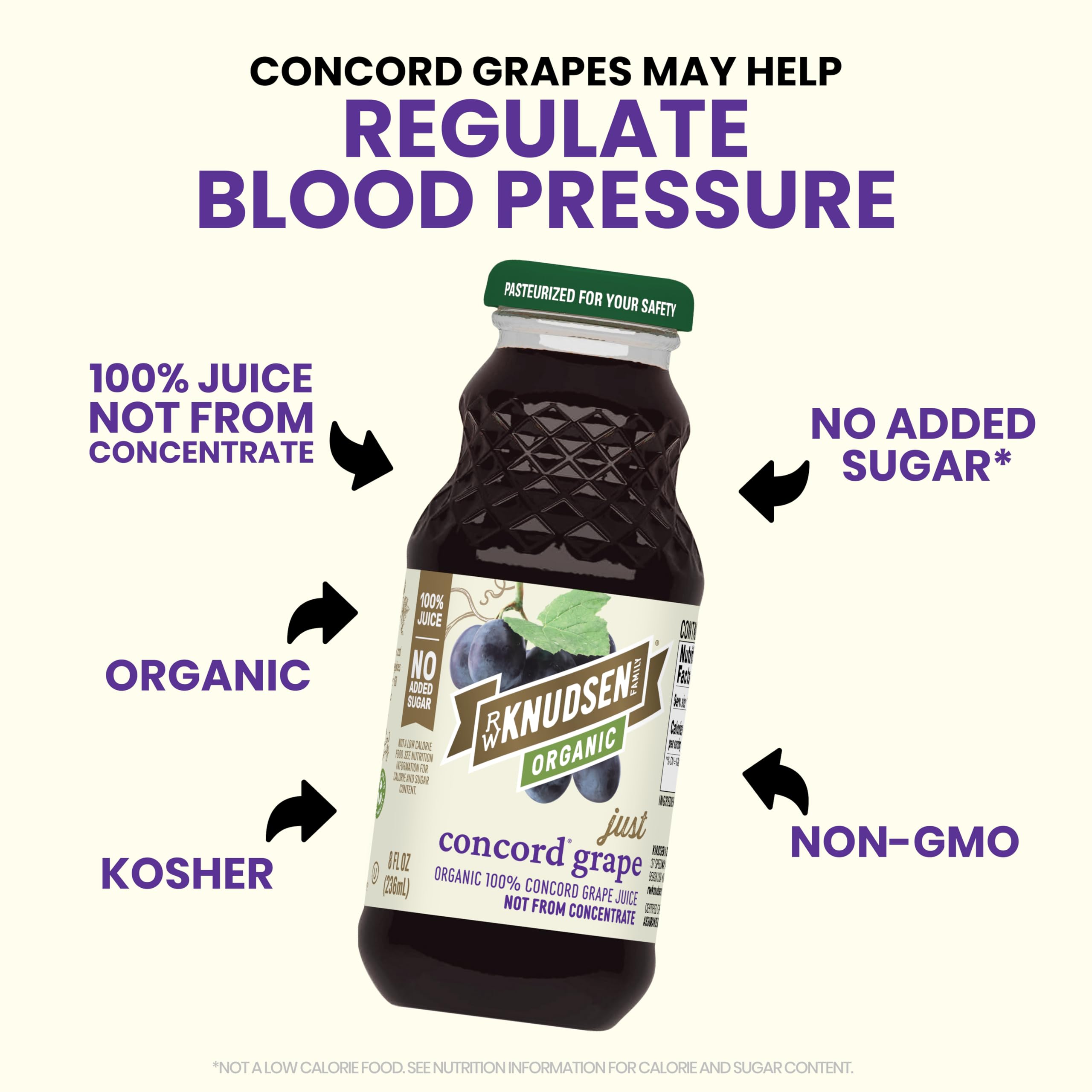 R.W. Knudsen Just Concord Grape Juice back-label communicates non-GMO and organic status.
