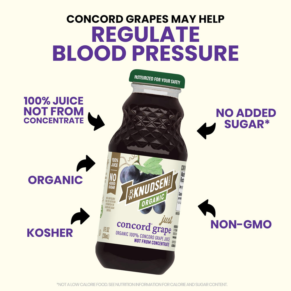 R.W. Knudsen Just Concord Grape Juice back-label communicates non-GMO and organic status.